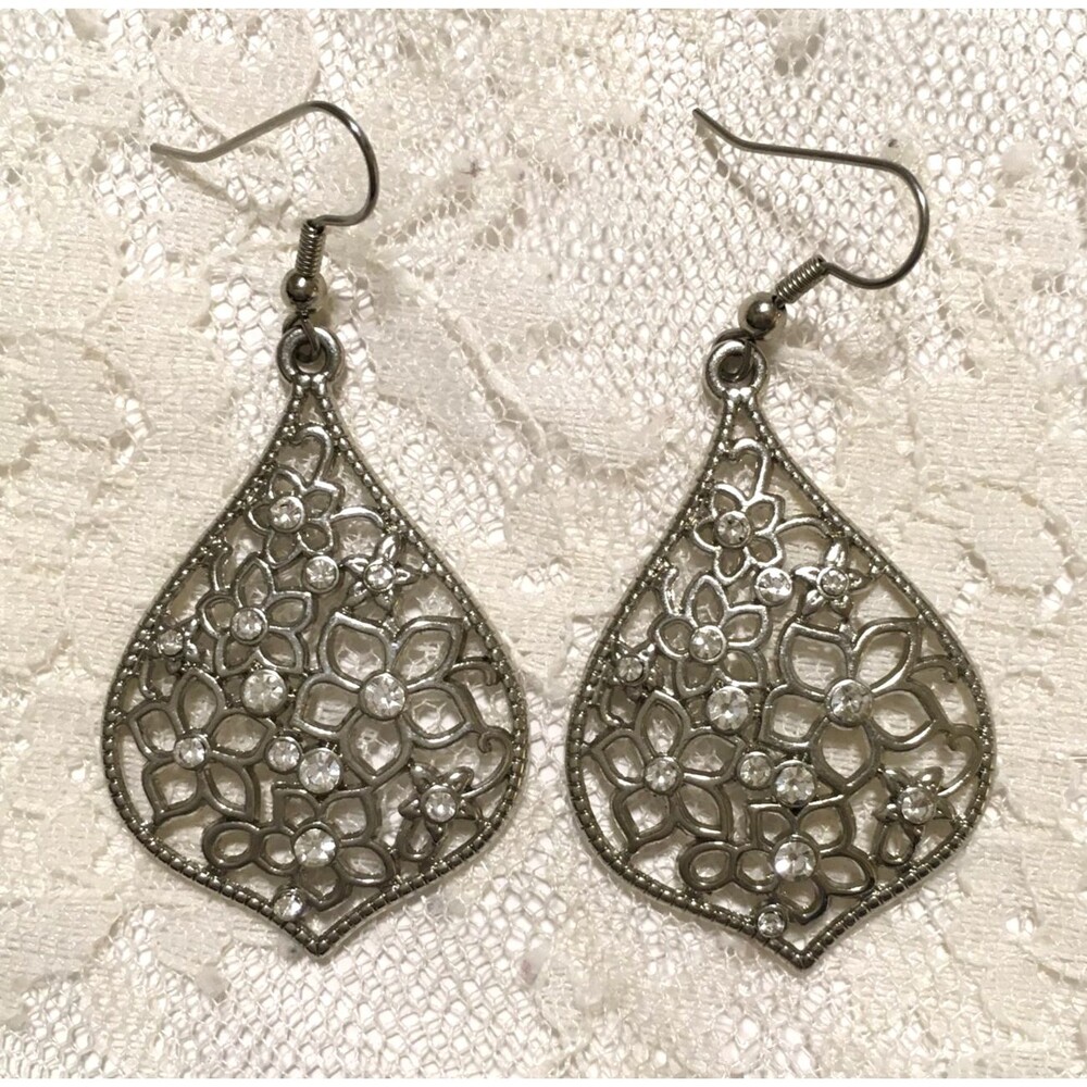Silver Tone Rhinestone Dangle Drop Earrings Statement Flower Fairy